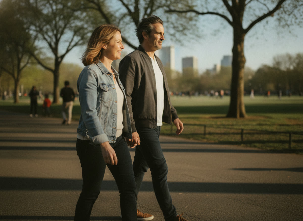 A healthy, active man and woman walking outdoors, supported by medical weight loss at Vida in Burke, VA